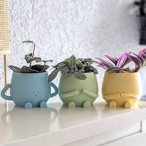 Peut inclure: Trois petits pots en céramique colorés avec des visages souriants et des bras. Chaque pot contient une petite plante verte. Les pots sont posés sur une surface blanche.