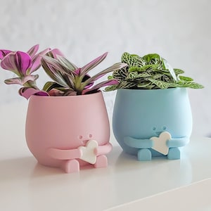 Babyshower gift idea planter pots happy plant pot with heart in its hand blue and pink baby colors plant pots