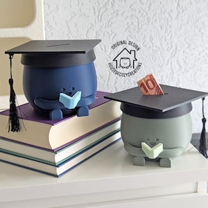 Idée cadeau de remise des diplômes, casquette académique, casquette de diplômé, trancheuse, visage heureux, tirelire pour enfants, idée cadeau unique, spardose absollenten abschluss