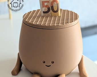 May include: A brown ceramic piggy bank with a smiling face and two small legs. The piggy bank has a waffle-patterned lid and a 50 Euro bill is inserted into the slot.