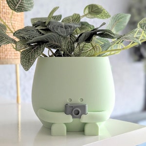 May include: A light green ceramic planter shaped like a person holding a small gray camera. The planter has two small black dots for eyes. The planter is filled with a green plant with small, light green leaves.