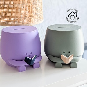 Tirelire pour enfants au visage heureux tenant un livre en train de lire, cadeau pour amoureux des livres, idée cadeau pour elle, rat de bibliothèque, spardose kinder tirelire enfants rinkgeldglas