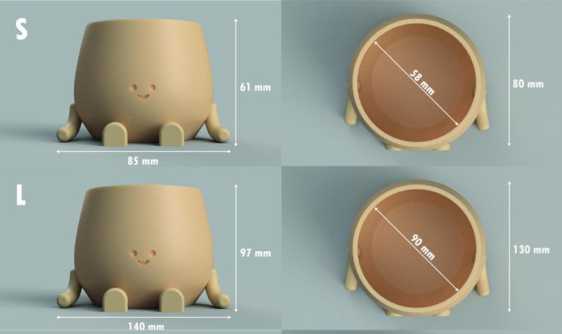 K&ouml;nnte beinhalten: Zwei beige Keramik-Pflanzgef&auml;&szlig;e, eines klein und eines gro&szlig;, jeweils mit einem l&auml;chelnden Gesicht und kleinen Armen und Beinen. Der kleine Pflanztopf ist 85 mm breit, 61 mm hoch und hat einen Durchmesser von 58 mm. Der gro&szlig;e Pflanztopf ist 140 mm breit, 97 mm hoch und hat einen Durchmesser von 90 mm.