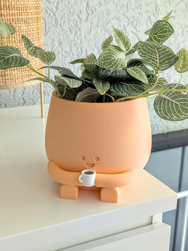 Happy plant pot coffee lover gift for her cozy plant pot holding a coffee mug Pflanztopf Succulent cute gift idea latte lovers Kaffeetasse image 4