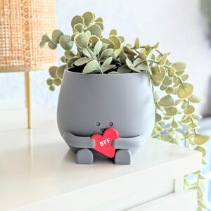 Puede incluir: Maceta de cer&aacute;mica gris en forma de personaje de dibujos animados que sostiene un coraz&oacute;n rojo con la palabra "BFF" en &eacute;l. La maceta est&aacute; llena de plantas verdes.