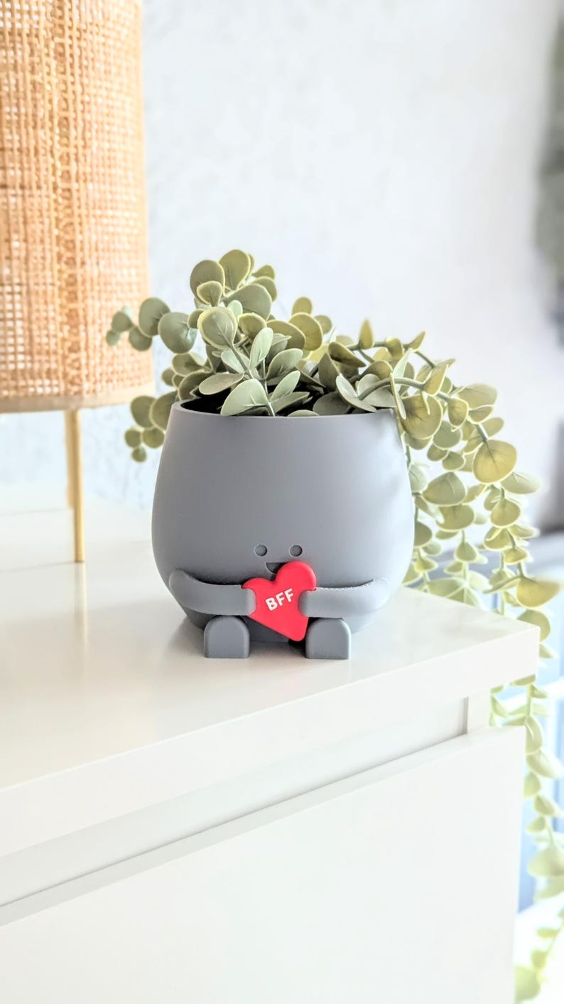 Puede incluir: Maceta de cer&aacute;mica gris en forma de personaje de dibujos animados que sostiene un coraz&oacute;n rojo con la palabra "BFF" en &eacute;l. La maceta est&aacute; llena de plantas verdes.