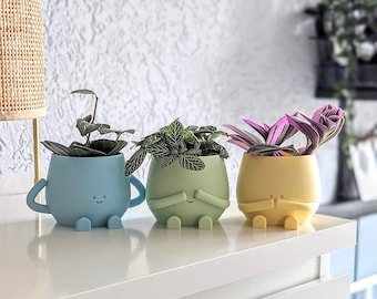 Conjunto de macetas de plantas de cara feliz linda maceta escuchar ver y estar en silencio maceta interior maceta cara feliz amante de las plantas regalo de cumpleaños lindo plantador