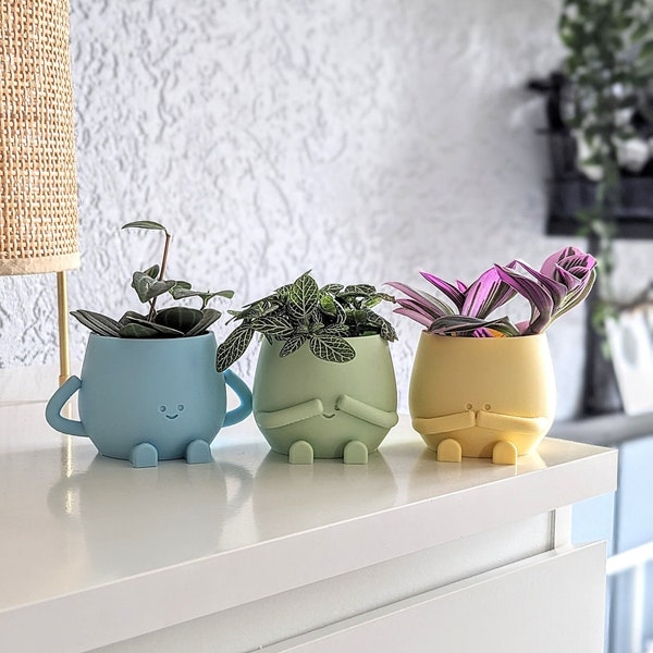 Ensemble de pots de plantes visage heureux pot de plantes mignon entendre voir et être silencieux pot de jardinière intérieur visage heureux amoureux des plantes cadeau d'anniversaire planteur mignon