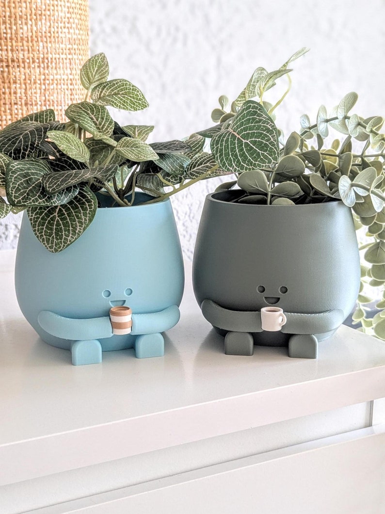 Happy plant pot coffee lover gift for her cozy plant pot holding a coffee mug Pflanztopf Succulent cute gift idea latte lovers Kaffeetasse image 1
