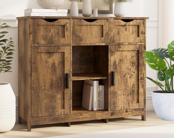 Rustic Storage Cabinet, Wooden Floor Cabinet with Drawers and Shelves, Accent Cabinet for Living Room, Bedroom, Bathroom Furniture HomeDecor