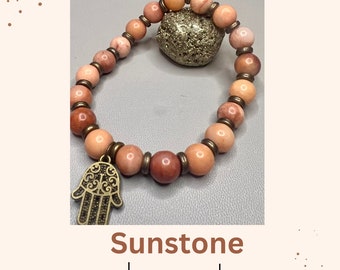 Sunstone 8mm Beaded Gemstone Bracelet - Healing Energy Crystal Jewelry - Hasma hand charm - Yoga -Energy Bracelet-Crystal Bracelets