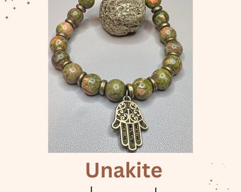 8mm Unakite Bracelet, Heart Chakra Bracelet, Beaded Bracelet for Men Women, Yoga Bracelet, Hasma Hand bronze charm, Healing Crystal Bracelet