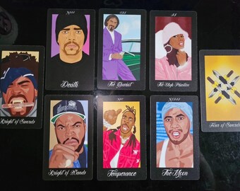 May include: A set of ten tarot cards with black backgrounds and colourful illustrations. The cards feature characters with different expressions and poses. The card names are printed in white at the bottom of each card. The card names are: Knight of Swords, Death, The Chariot, The High Priestess, Knight of Wands, Temperance, The Moon, and Four of Swords.