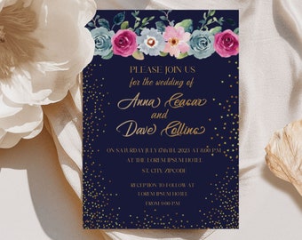 Bearbeitbare Hochzeitseinladung, Hochzeitseinladungsvorlage, Blumenhochzeitseinladung, Blaue Hochzeit einladen