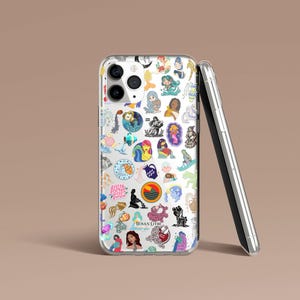 May include: A clear phone case with a colorful pattern of stickers. The stickers feature various designs, including animals, plants, and abstract shapes. The case is designed for an iPhone.