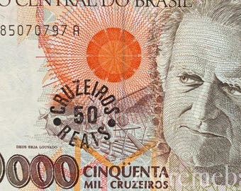 Brazil 50 Cruzeiros Reais ND (1993) P-237 UNC Collectible Banknote | Overprint on 50000 Cruzeiros | Hyperinflation Currency