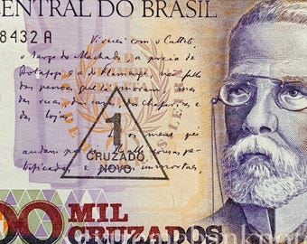 Brazil 1 Cruzado Novo ND (1989) P-216b UNC Collectible Banknote | Overprint on 1000 Cruzados | Hyperinflation Currency