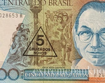 Brazil 5 Cruzados Novos ND (1989) P-217a UNC (overprint on 5000 Cruzados)