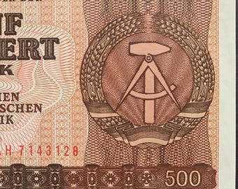 Billete de colección de 500 marcos de Alemania Oriental de 1985, P-33, sin circular / Papel moneda de la RDA de la Guerra Fría sin emitir