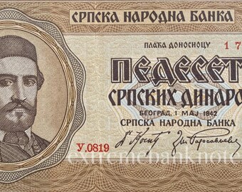 Serbia 50 Dinara 1942 P-29 XF Collectible Banknote | German Occupation WWII Currency | Authentic Vintage Paper Money