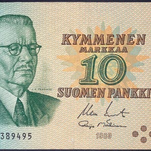 Finland 10 Markkaa 1980 P-111 F Banknote | Juho Kusti Paasikivi Currency | Finnish Paper Money | Vintage Nordic Collectible
