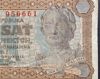 Slovakia 20 Korún 1942 P-7 VF Vintage Banknote WWII Eastern European Wartime Slovak Republic Currency