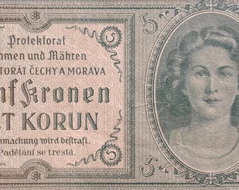 Bohemia & Moravia 5 Korun ND (1940) P-4 XF Collectible Banknote | WWII German Occupation Currency | Authentic Historic Paper Money