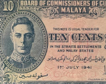 Malaya 10 Cents 1941 P-8 XF Collectible Banknote | WWII British Malaya Currency | Authentic Vintage Paper Money