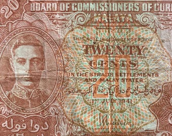 Malaya 20 Cents 1941 P-9 VF Collectible Banknote | WWII British Malaya Currency | Authentic Vintage Paper Money