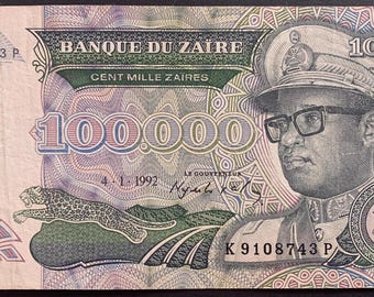 Zaïre 100 000 Zaïres 1992 P-41 VF Mobutu Sese Seko African Paper Money Antique Inflation Currency Collectible
