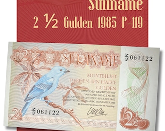 Suriname 2 1/2 Gulden 1985 P-119 UNC Banknote | Historic Toucan Wildlife & Monument Currency | South Americas Collectible World Paper Money