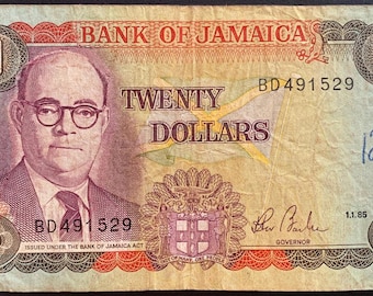 Jamaica 20 Dollars 1985 Banknote Pick 72a Very Fine Historic Jamaican Currency Noel Nethersole Rare Caribbean Numismatic World Paper Money