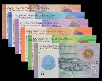 Nicaragua 2014–2019 UNC Collectible Banknote Bundle | 5, 10, 20, 50, 100 & 200 Córdobas | Complete Currency Set