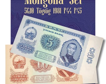 Mongolia Banknote Bundle 5 & 10 Tögrög P-44 P-45 Damdin Sükhbaatar, Rare Mongolian Socialist Currency, Vintage AUNC Numismatic Lot