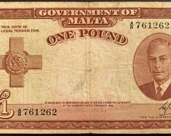 Billete de colección de 1 libra de Malta, sin fecha (1951), P-22 F+ / Moneda rara de Malta del rey Jorge VI / Papel moneda antiguo auténtico