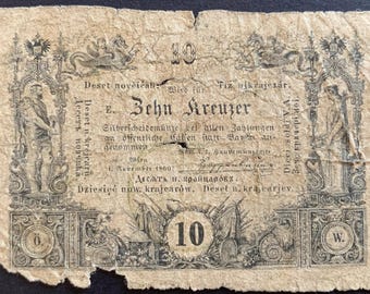 Austro-Hungary 10 Kreuzer Banknote 1860 Fair | Emperor Franz Joseph Austrian Empire Currency | Premium Historical Paper Money