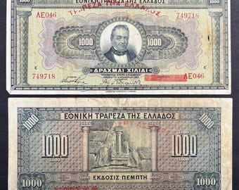 Grecia 1000 Dracmas 1928 P-96 VG-F Billete de colección / Sobreimpresión roja Papel moneda antiguo