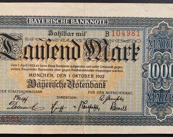 Germany 1000 Mark 1922 P-S924 F Rare Bavarian Notgeld State Issue Vintage Weimar Republic Hyperinflation Paper Money