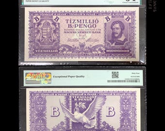 Hungary 10 Million B-Pengo 1946 P-135 PMG 64 EPQ Choice Uncirculated WWII Hyperinflationary Banknote