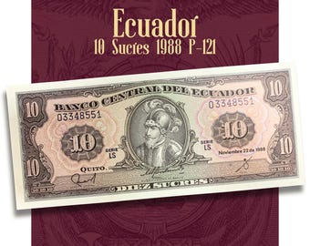 Ecuador 10 Sucres 1988 P-121 UNC Banknote | Sebastián de Benalcázar | Vintage Ecuador Currency | South America Collectible