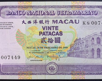 Macau, China 20 Patacas 1999 P-71 UNC Handover to China Commemorative Currency Banco Nacional Ultramarino Portuguese Administration