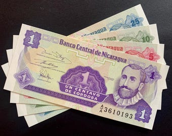Nicaragua 1991 UNC Collectible Banknote Bundle | 1, 5, 10 & 25 Centavos P-167 P-170 | Authentic World Paper Money Set