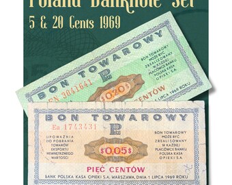 Poland 1969 Banknote Bundle 5 & 20 Cents P-FX23 P-FX25 PeKaO Bon Towarowy, Polish Communist Era Currency, Vintage Numismatic Collectible