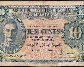 Malaya 10 Cents 1941 P-8 VF Collectible Banknote | WWII British Malaya Currency | Authentic Vintage Paper Money