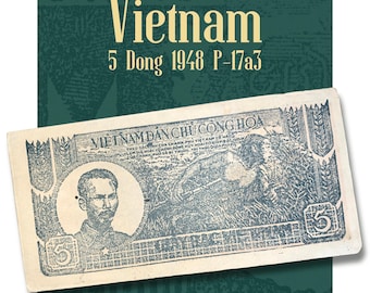 Rare Vietnam 5 Dong 1948 Banknote P-17a3 Fine Condition, Ho Chi Minh Indochina War Paper Money, North Vietnam Currency Collector Gift