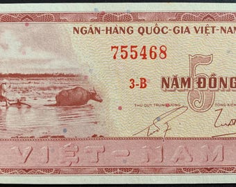 South Vietnam 5 Đồng ND (1955) P-13 AUNC Rare Water Buffalo Currency Vintage Asian Paper Money, Saigon Vietnam War Collectible