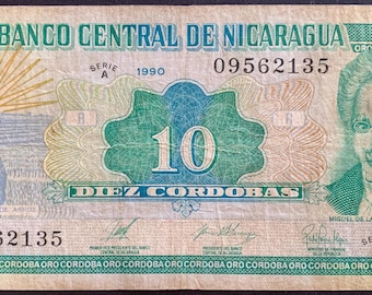 Nicaragua 10 Cordobas 1990 P-175 F Series A Miguel Larreynaga Note Vintage Central/Latin American Currency Numismatic Collectible