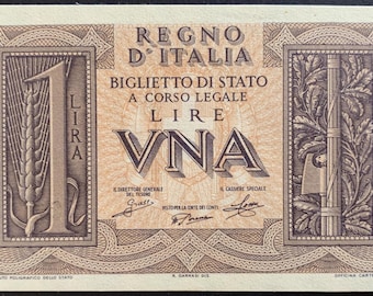 Italy 1 Lira 1939 P-26 UNC King Vittorio Emanuele III Wwii Era Italian Imperial Currency