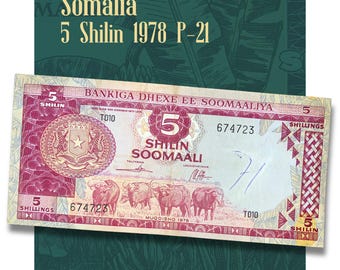 1978 Somalia 5 Shilin Banknote P-21 VF | Rare African Paper Money World Currency | Vintage Somali Shillings Collectible Numismatic Gift