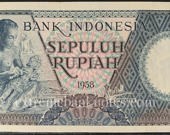 Indonesia 10 Rupiah 1958 P-56 UNC Collectible Banknote | Authentic Vintage Indonesian Currency | World Paper Money